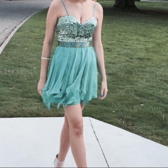 1934 Sherri Hill Sequin Turquoise Dress